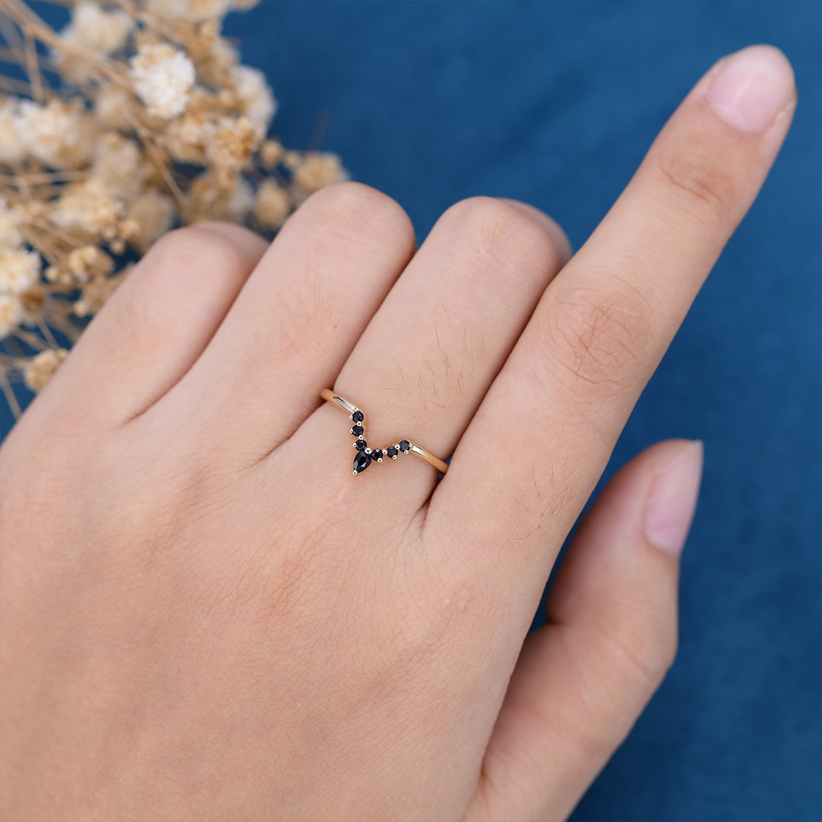 Pear cut Black onyx Curved Wedding Band Ring 