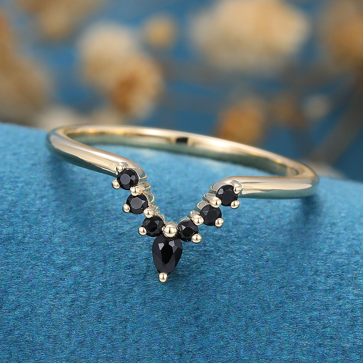 Pear cut Black onyx Curved Wedding Band Ring 