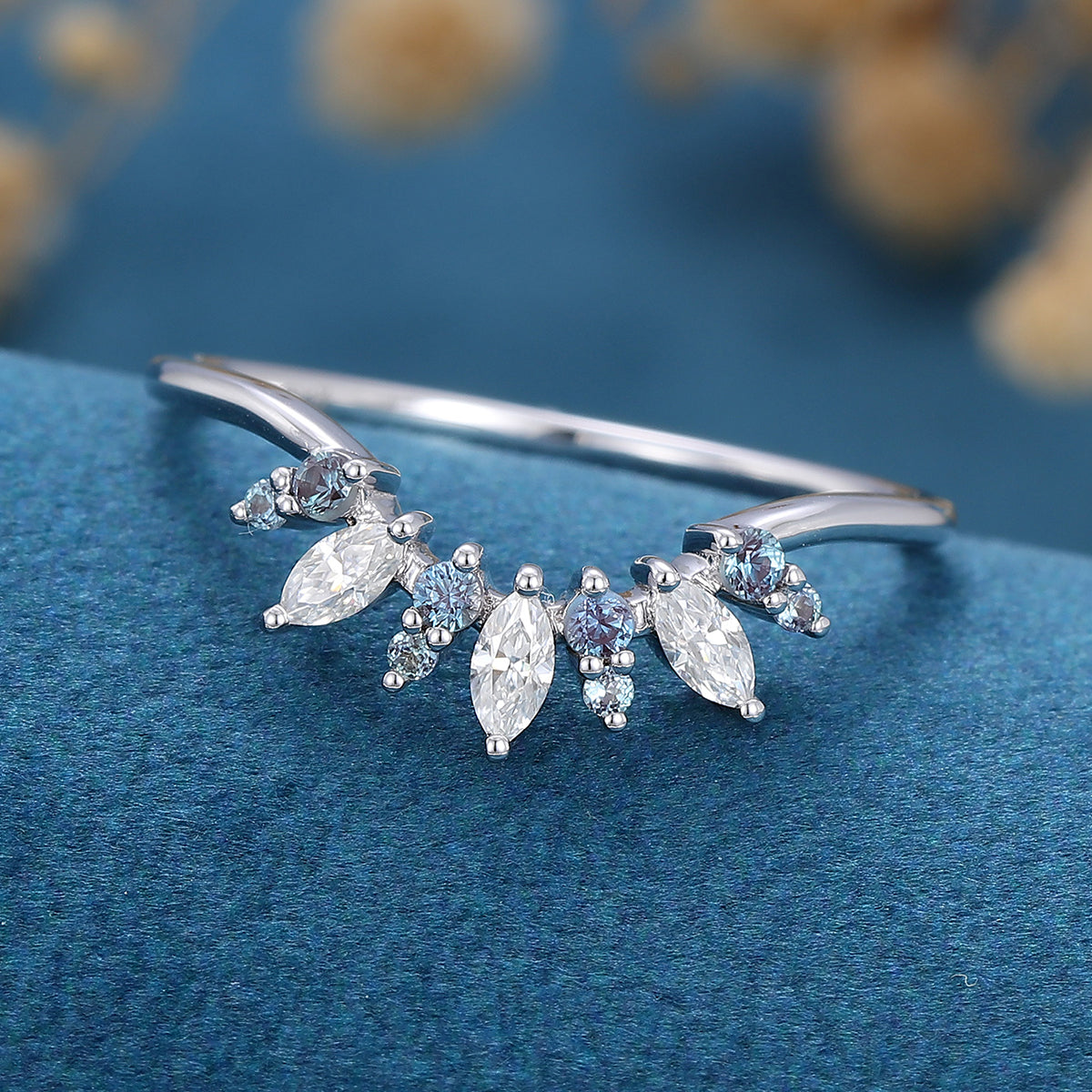 Moissanite | Alexandrite Curved Wedding Band Ring 