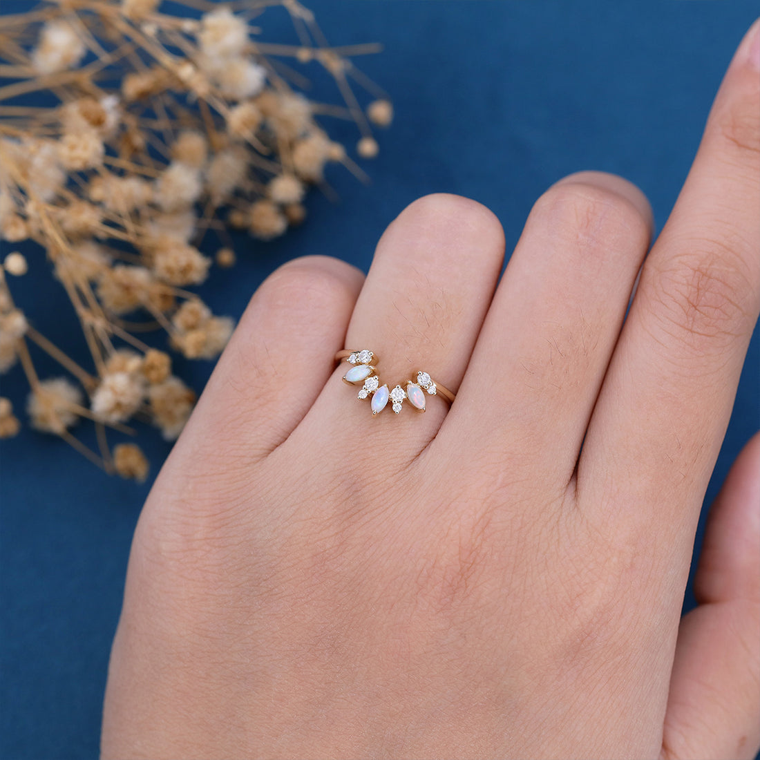 Marquise cut Opal |  Diamond Curved Wedding Band Ring