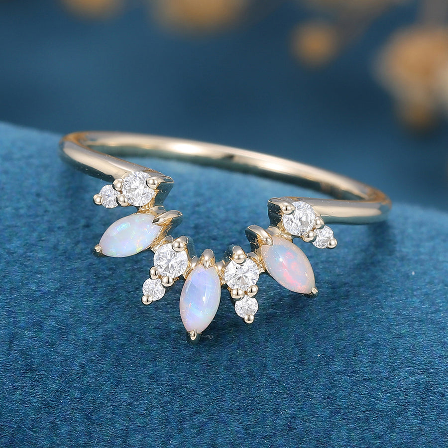 Marquise cut Opal |  Diamond Curved Wedding Band Ring 