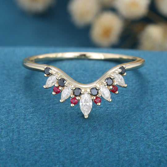 Marquise Moissanite | Black Diamond Curved Wedding Band Ring 