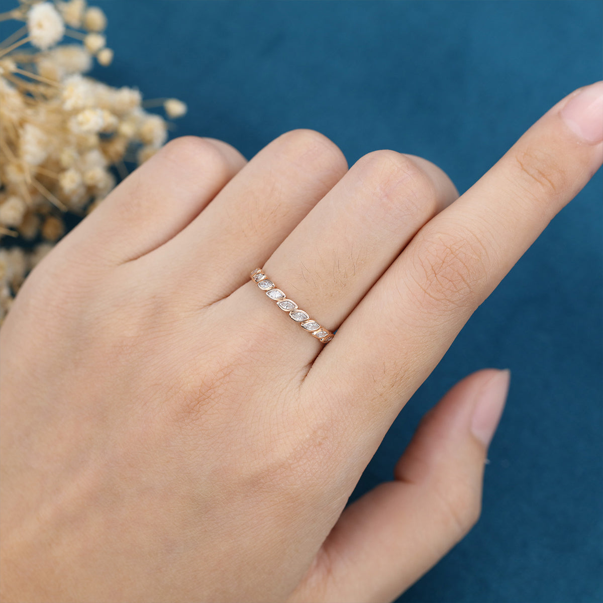 Marquise cut Moissanite | Diamond Haft Eternity Wedding Band 