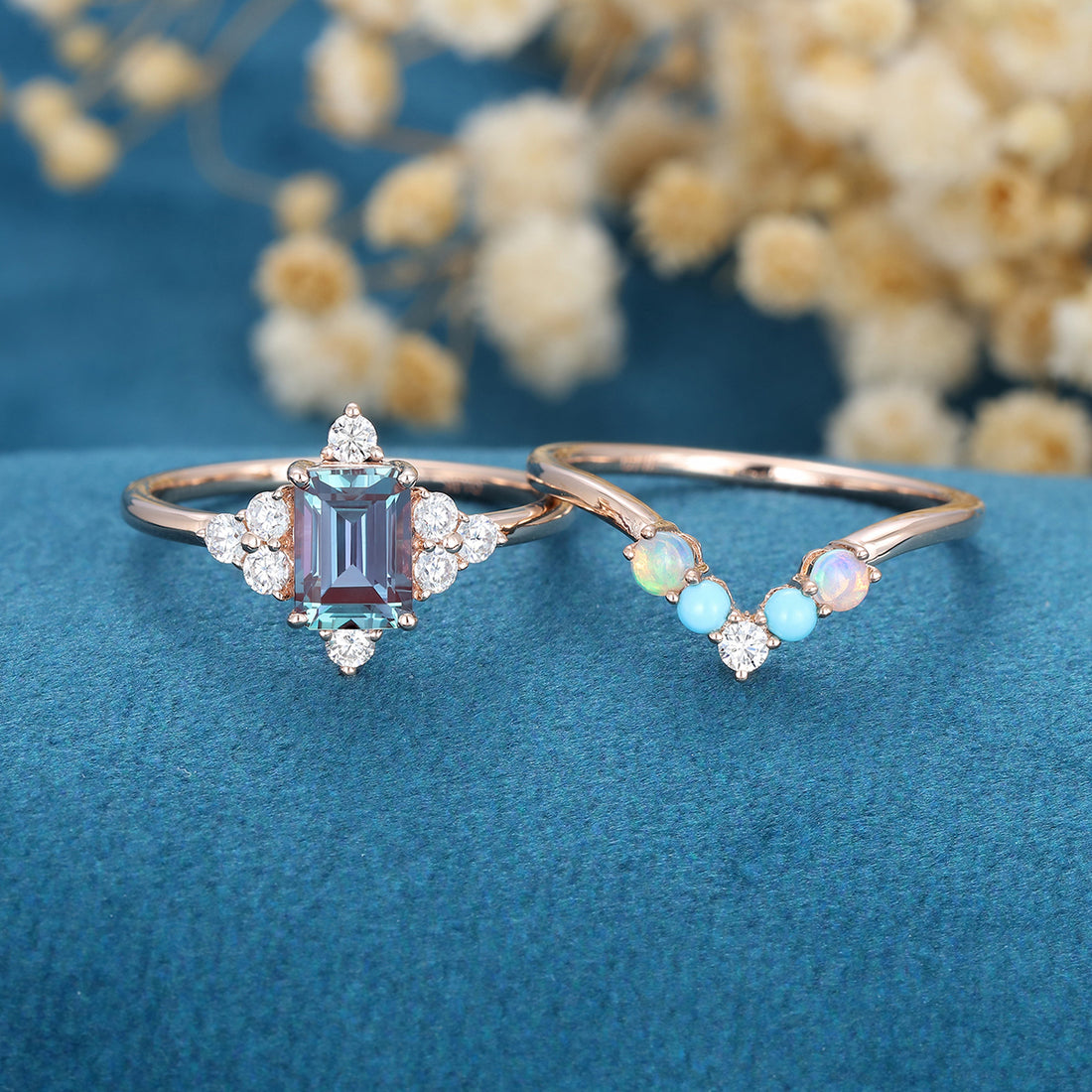 Emerald Lab Alexandrite Cluster Engagement Bridal Set 