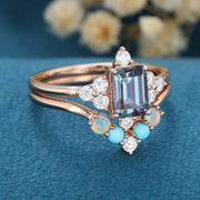 Emerald Lab Alexandrite Cluster Engagement Bridal Set 