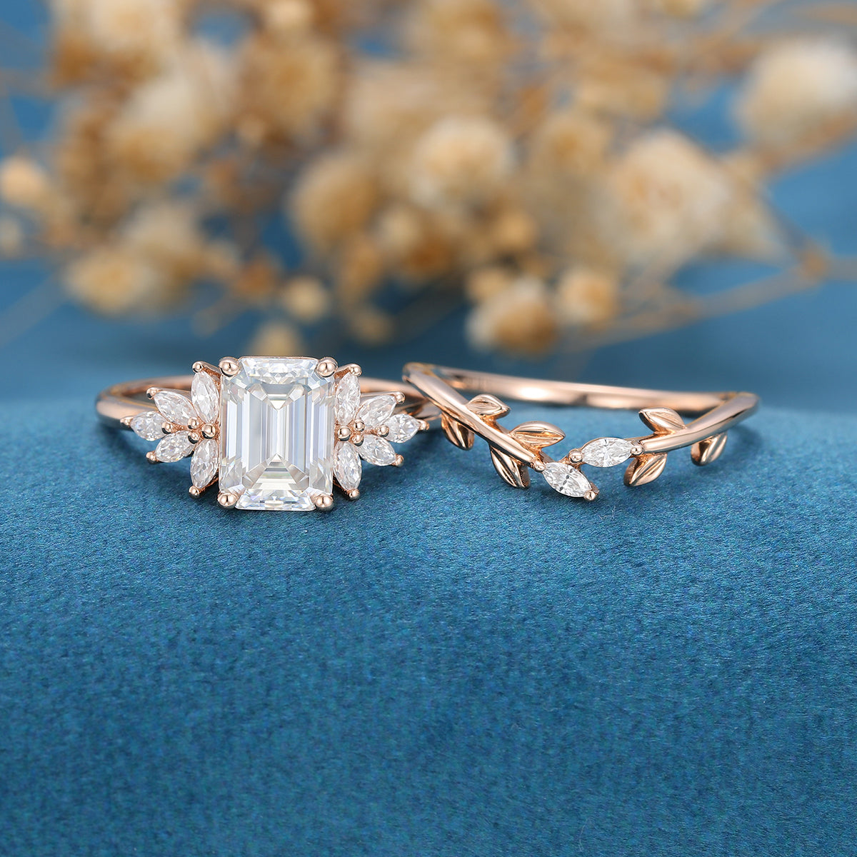 2PCS Emerald Cut Moissanite Cluster Engagement ring Bridal Set 