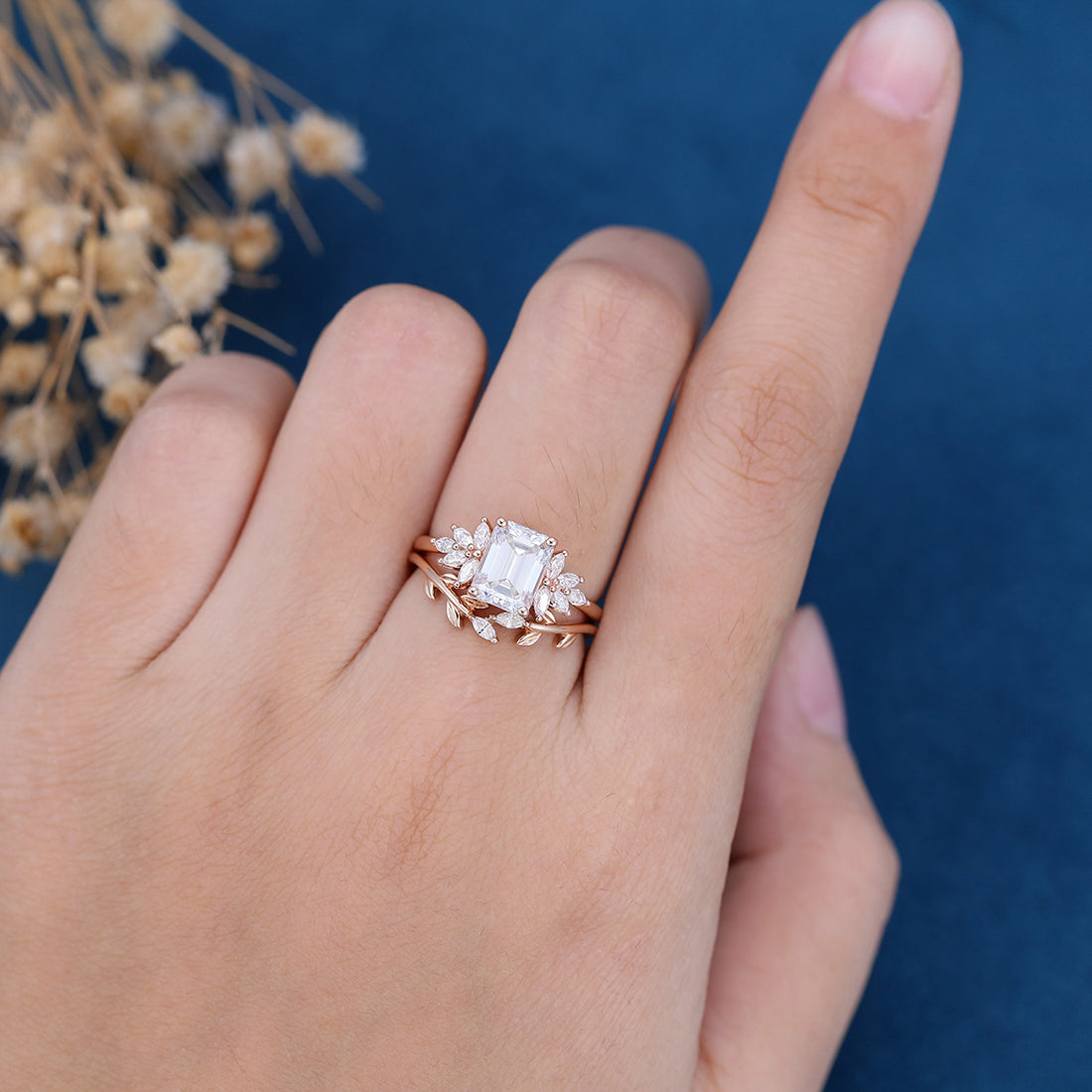 2PCS Emerald Cut Moissanite Cluster Engagement ring Bridal Set