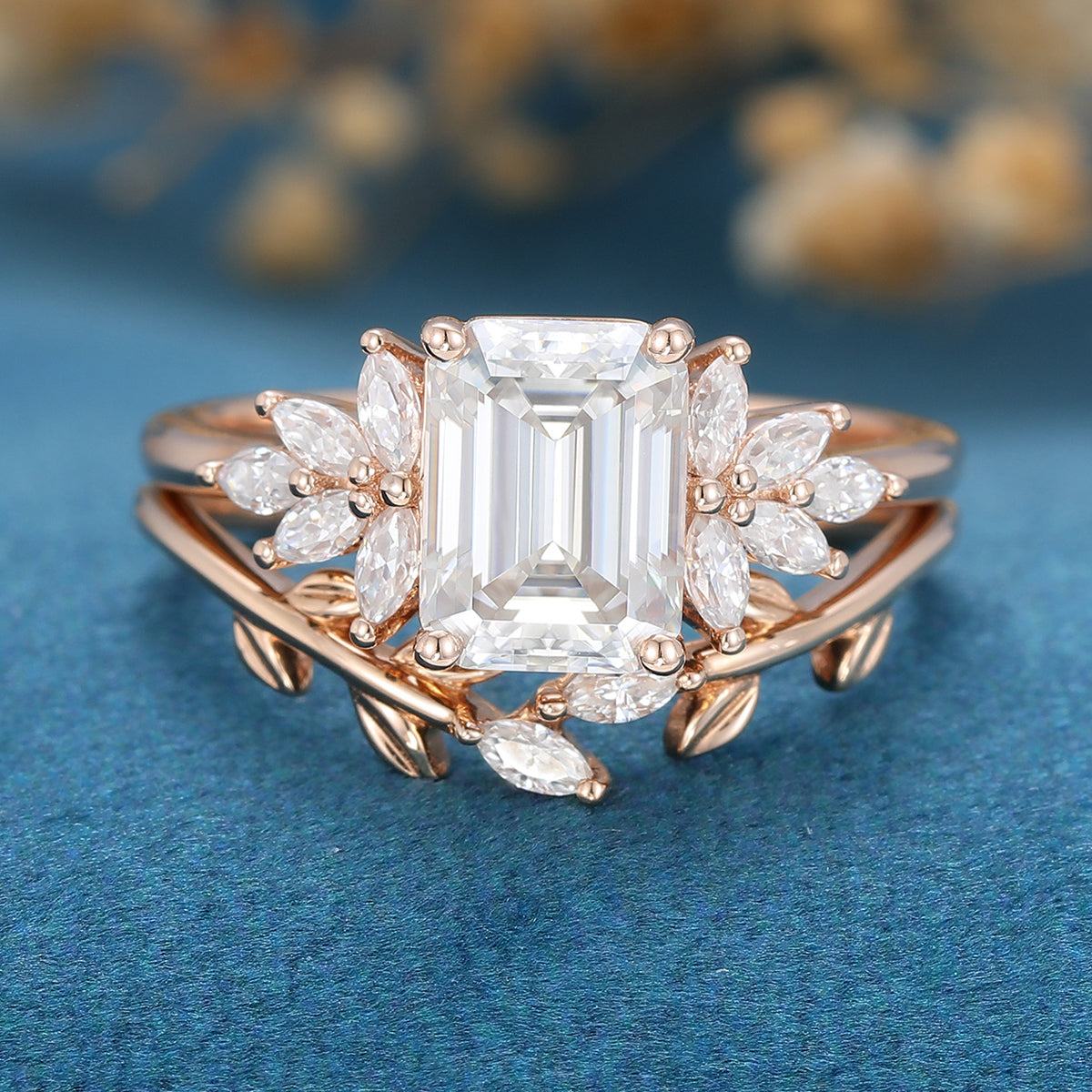 2PCS Emerald Cut Moissanite Cluster Engagement ring Bridal Set 