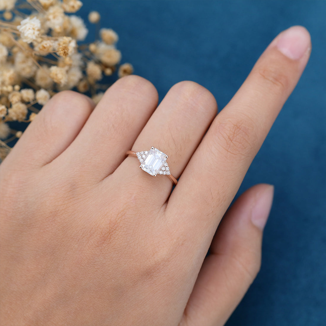 Emerald cut Moissanite  Cluster Engagement Ring