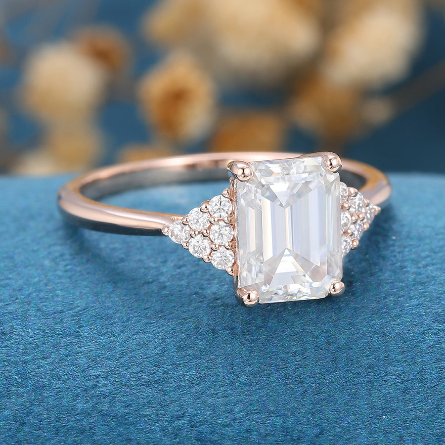 Emerald cut Moissanite  Cluster Engagement Ring 