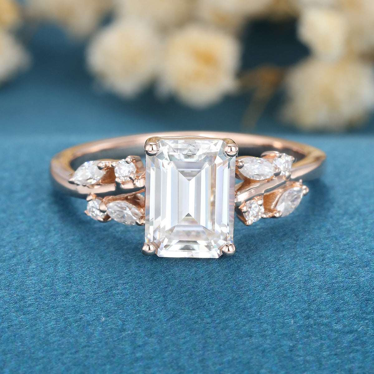 Emerald cut Moissanite Engagement ring Bridal Set 