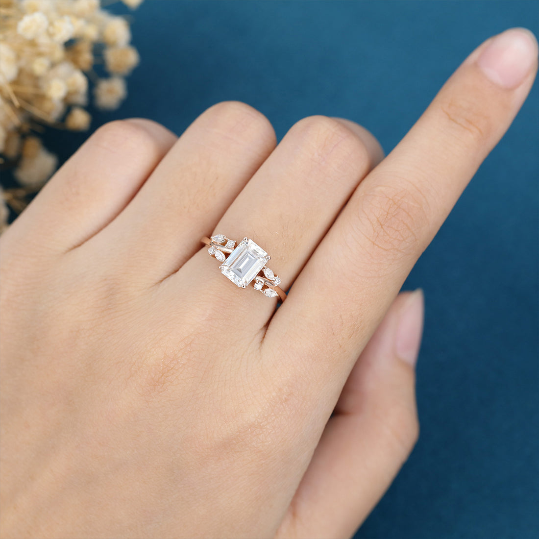 1.7Carat Emerald cut Moissanite Engagement ring Bridal Set