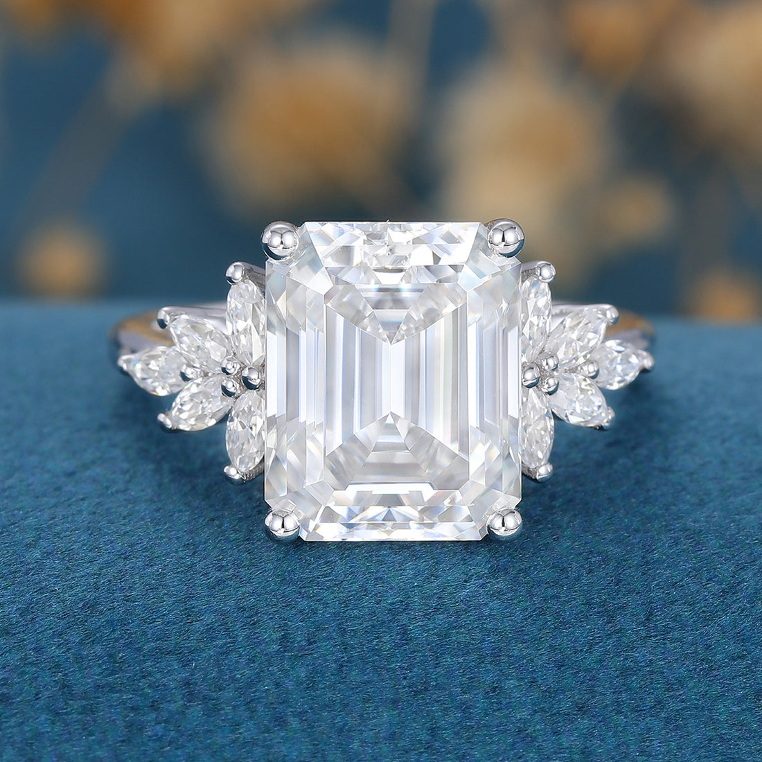 7*10mm 2.5 Carat Emerald cut Moissanite Cluster Engagement Ring 