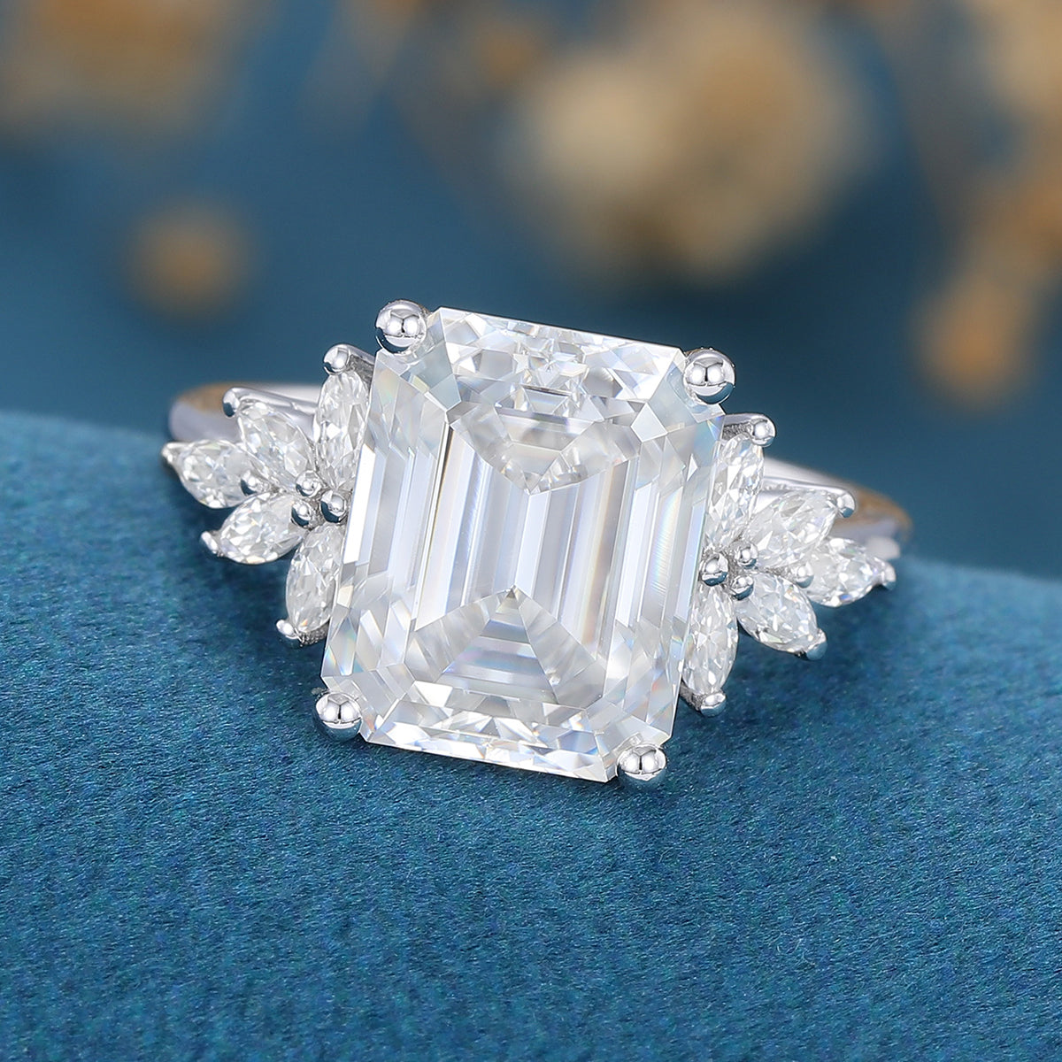 7 10mm 2.5 Carat Emerald cut Moissanite Cluster Engagement Ring