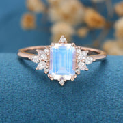 Emerald cut Moonstone Cluster Engagement ring 