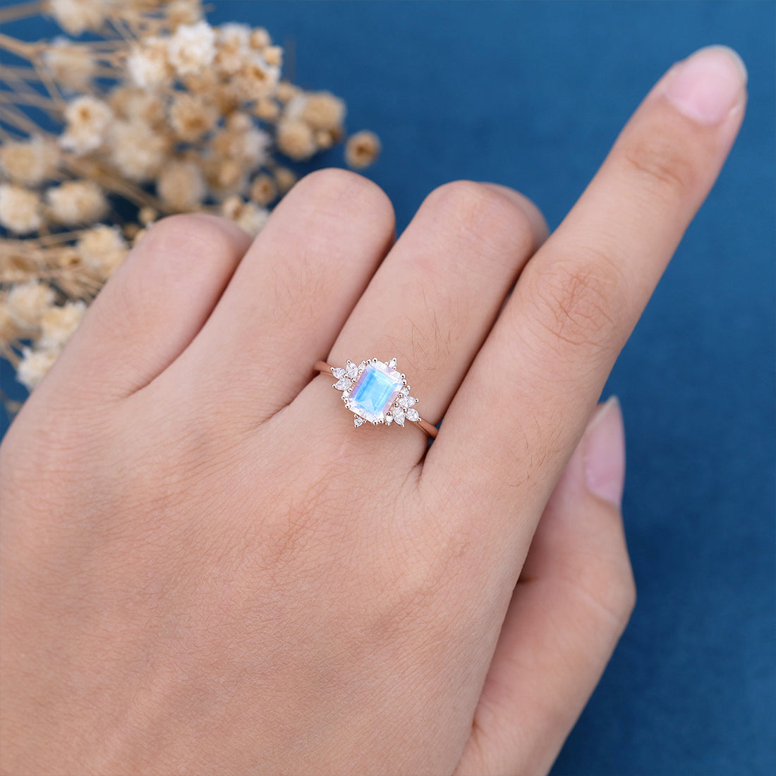 Emerald cut Moonstone Cluster Engagement ring