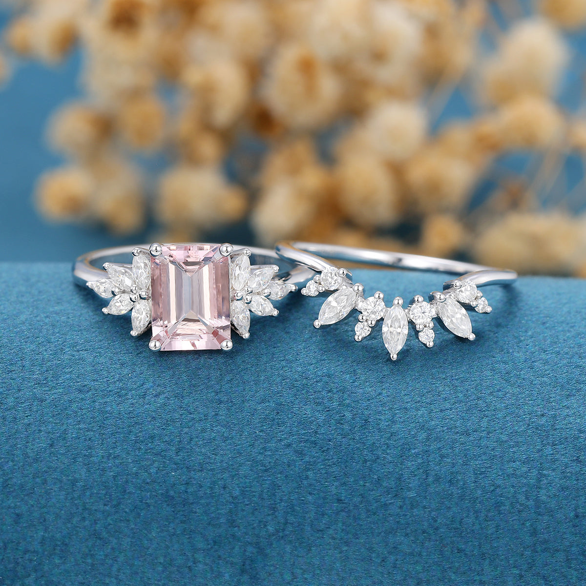 Emerald cut Morganite Cluster Engagement ring Bridal Set 