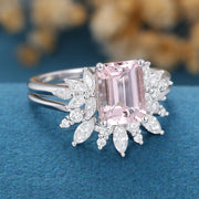 Emerald cut Morganite Cluster Engagement ring Bridal Set 