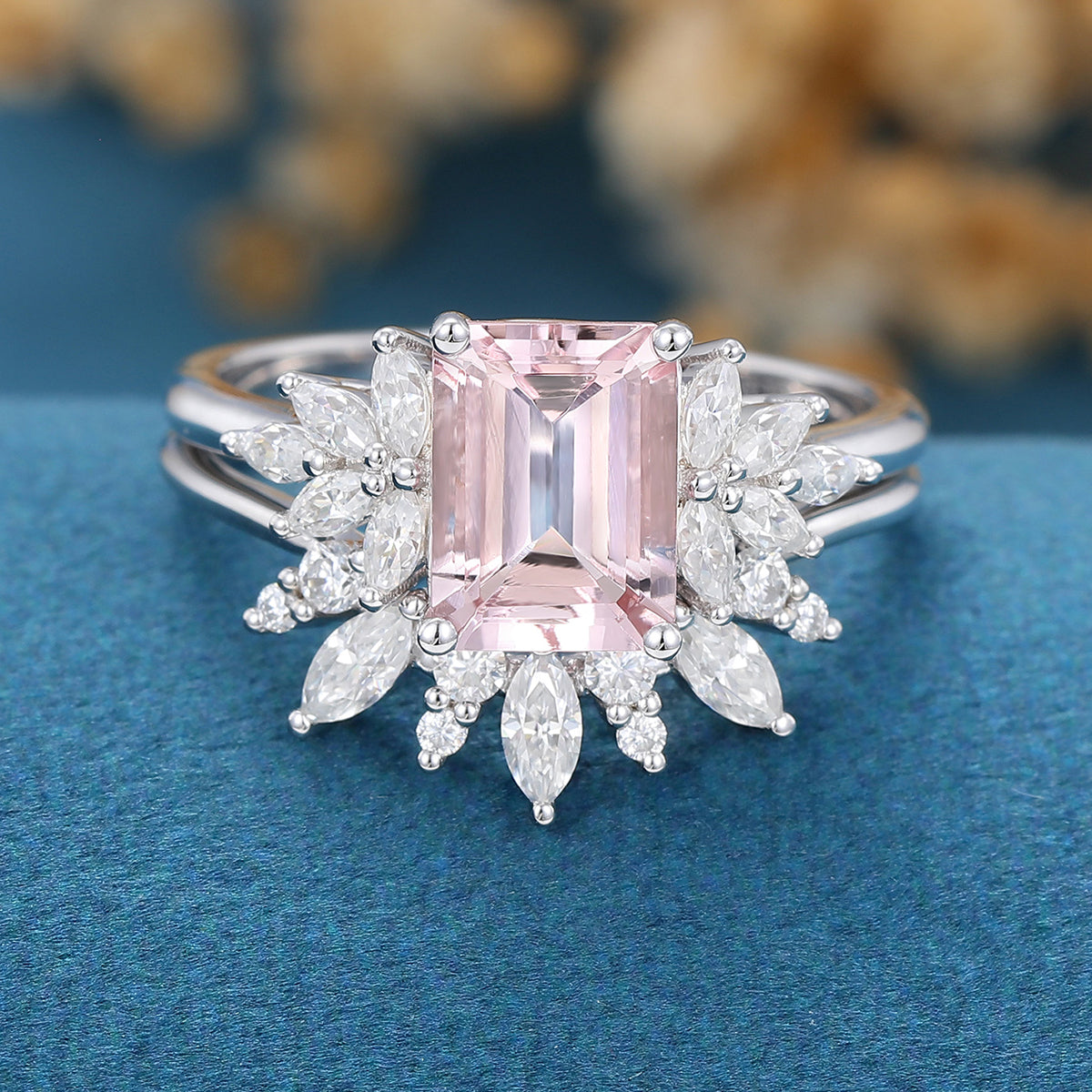 Emerald cut Morganite Cluster Engagement ring Bridal Set 