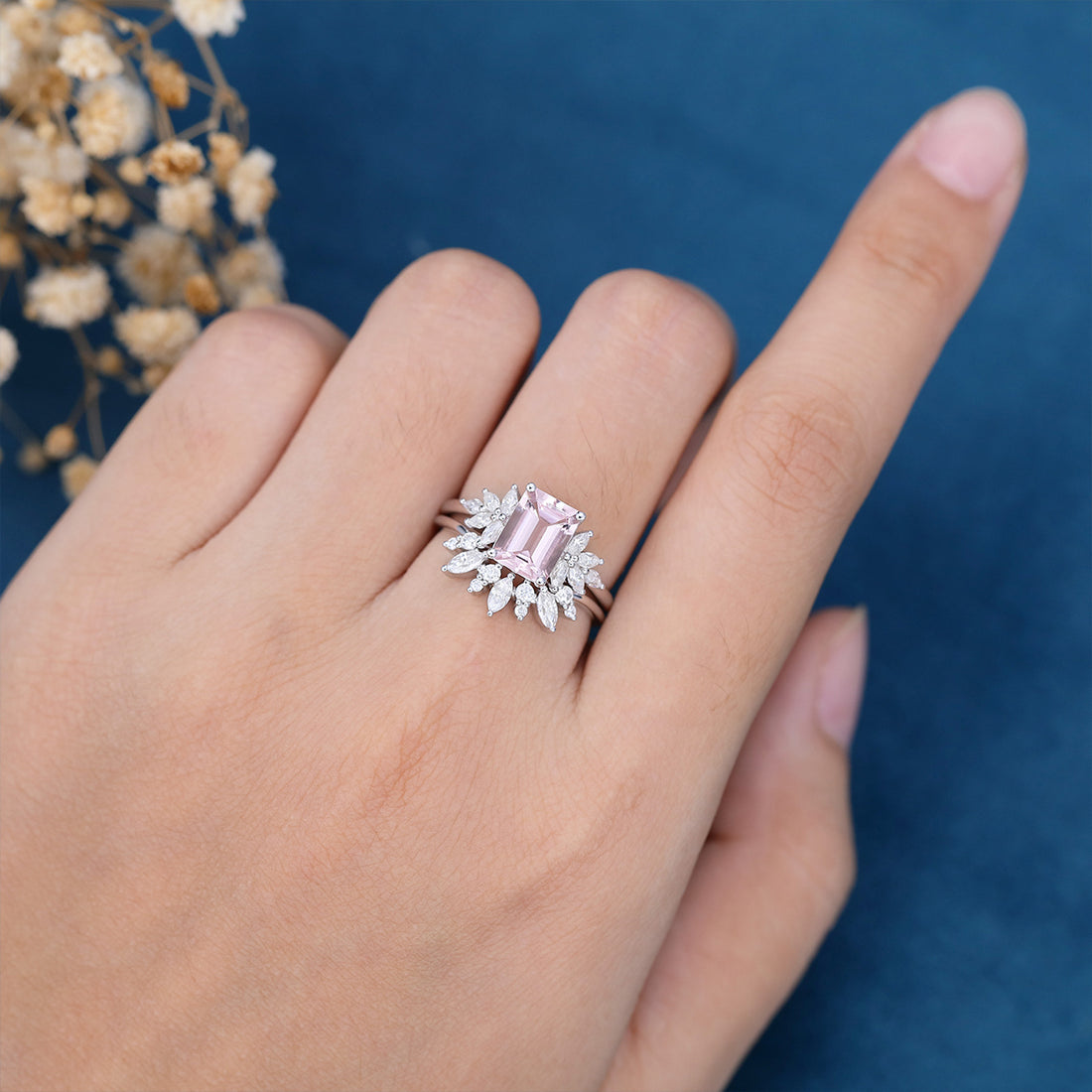 Emerald cut Morganite Cluster Engagement ring Bridal Set