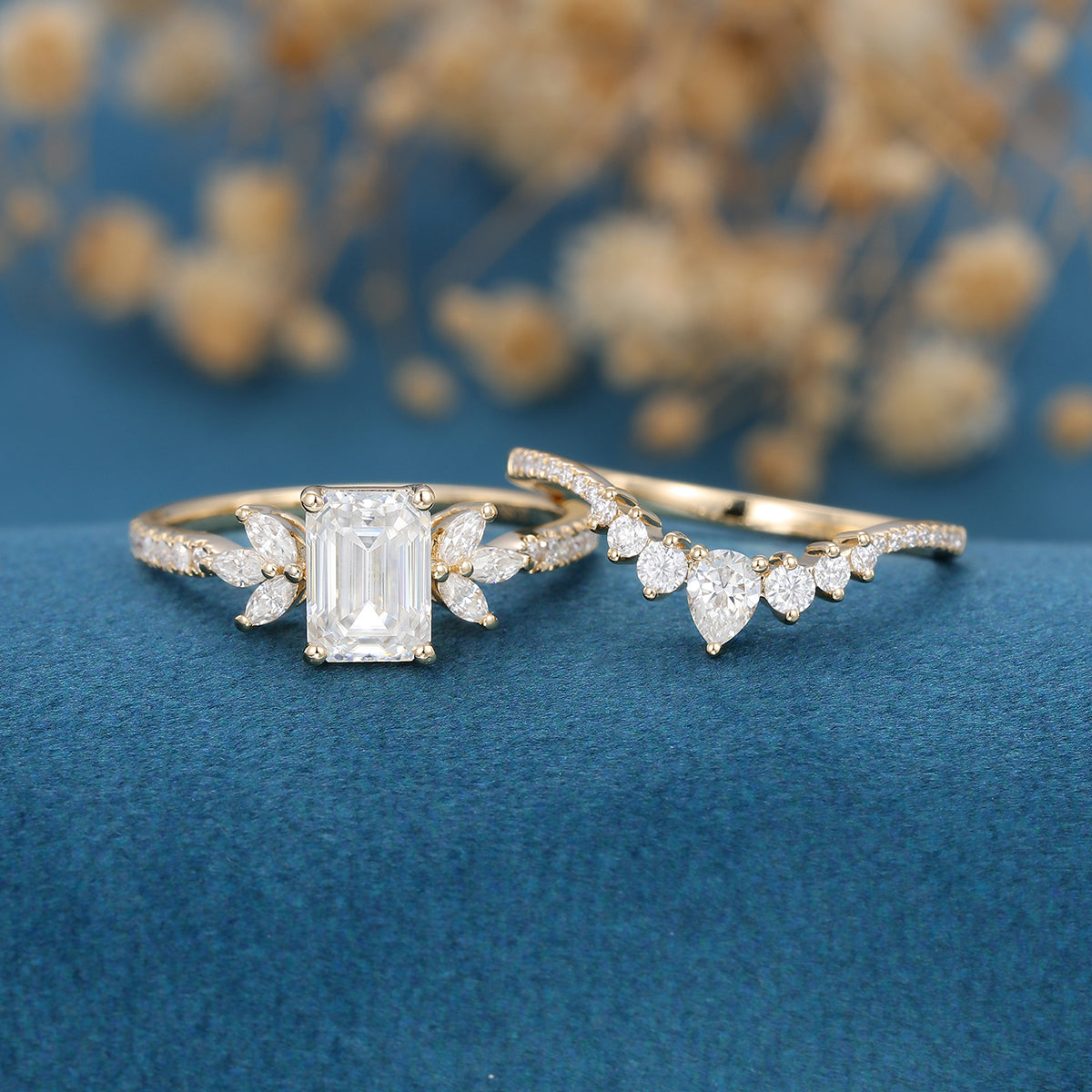 1 Carat Emerald cut Moissanite Cluster Engagement Bridal Set 