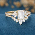 1 Carat Emerald cut Moissanite Cluster Engagement Bridal Set 