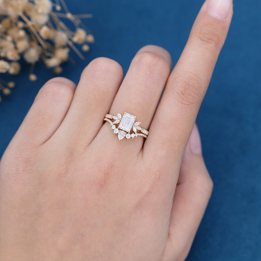 1 Carat Emerald cut Moissanite Cluster Engagement Bridal Set 