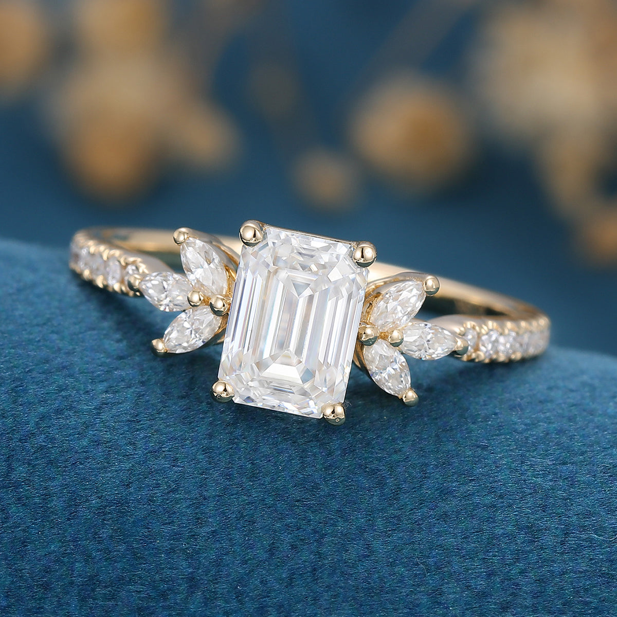 1 Carat Emerald cut Moissanite Cluster Engagement ring 