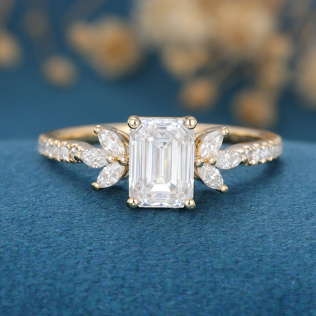 1 Carat Emerald cut Moissanite Cluster Engagement ring 