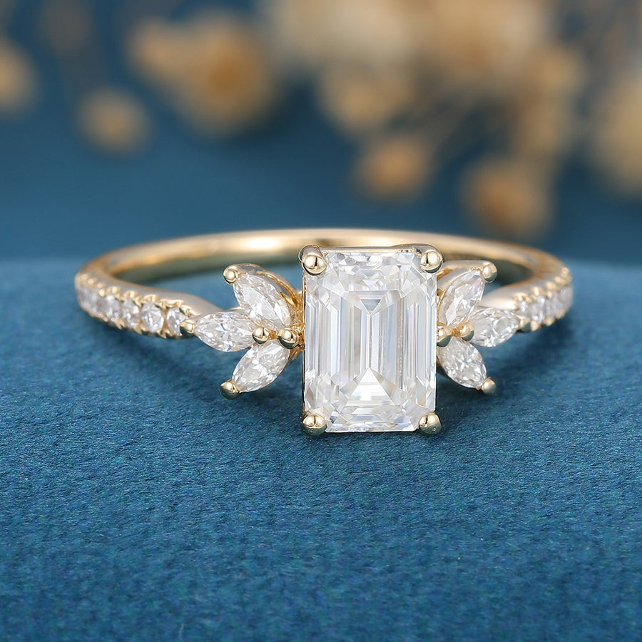 1 Carat Emerald cut Moissanite Cluster Engagement ring 