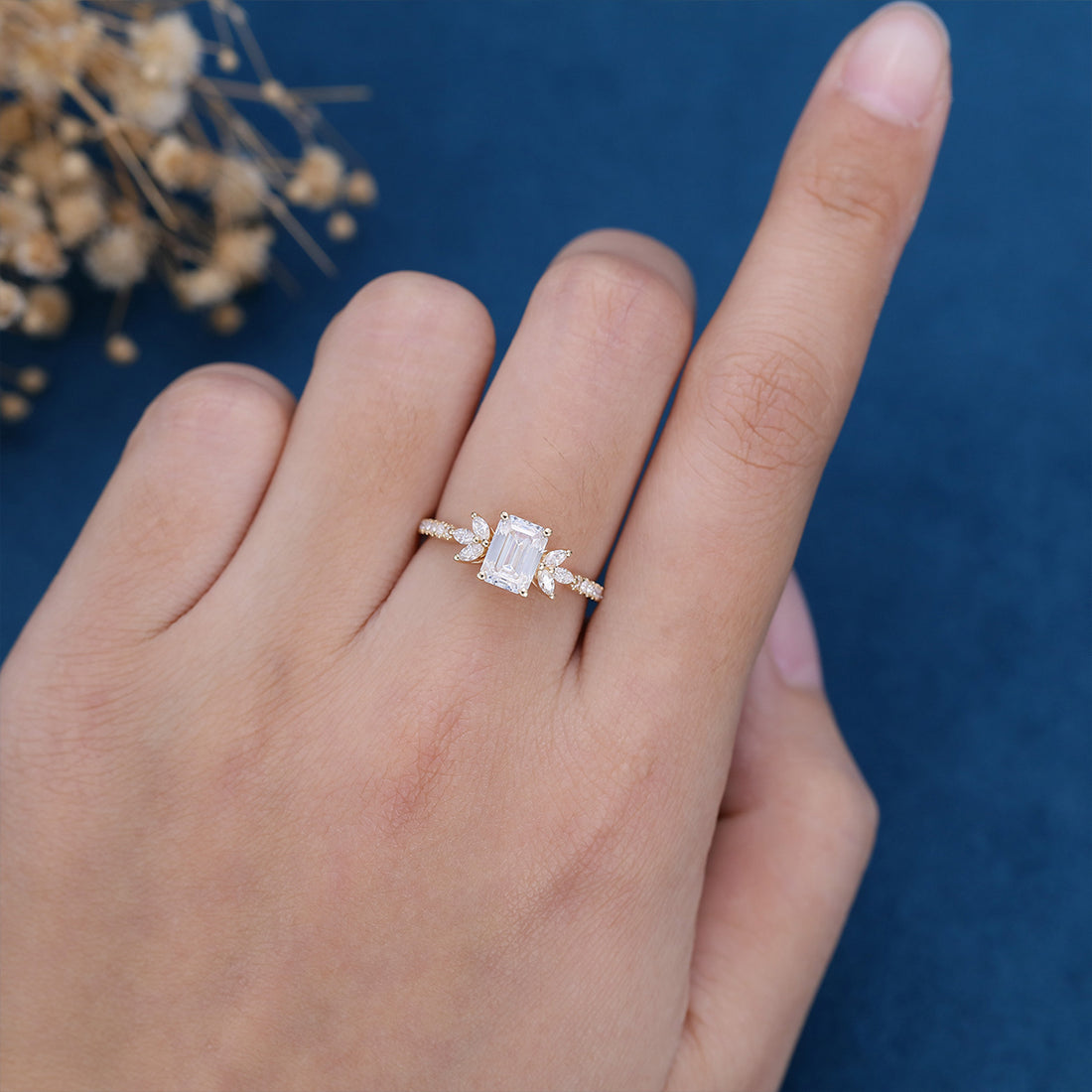 1 Carat Emerald cut Moissanite Cluster Engagement ring
