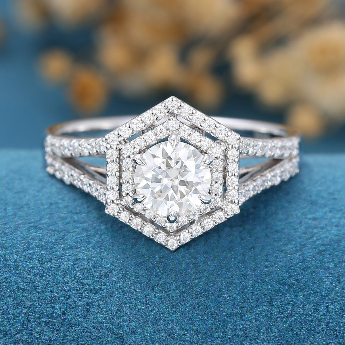 Hexagon cut Moissanite Halo Engagement Ring 