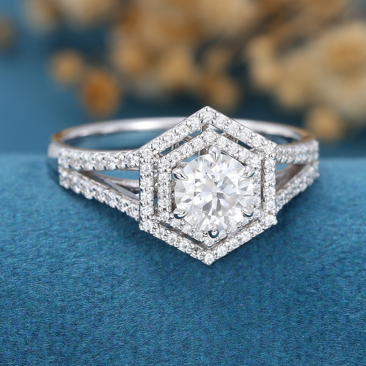 Hexagon cut Moissanite Halo Engagement Ring 