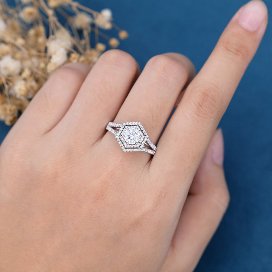 Hexagon cut Moissanite Halo Engagement Ring 