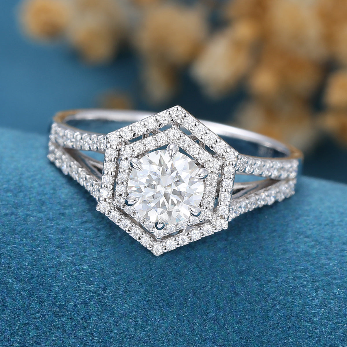 Hexagon cut Moissanite Halo Engagement Ring 