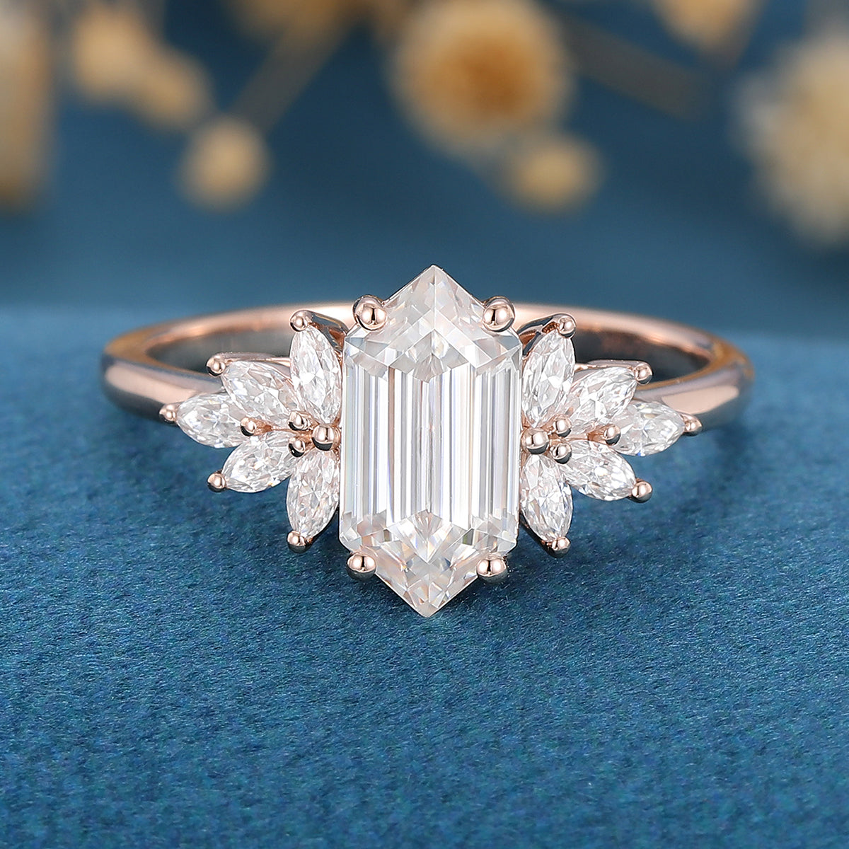 Hexagon cut Moissanite Cluster Engagement ring 