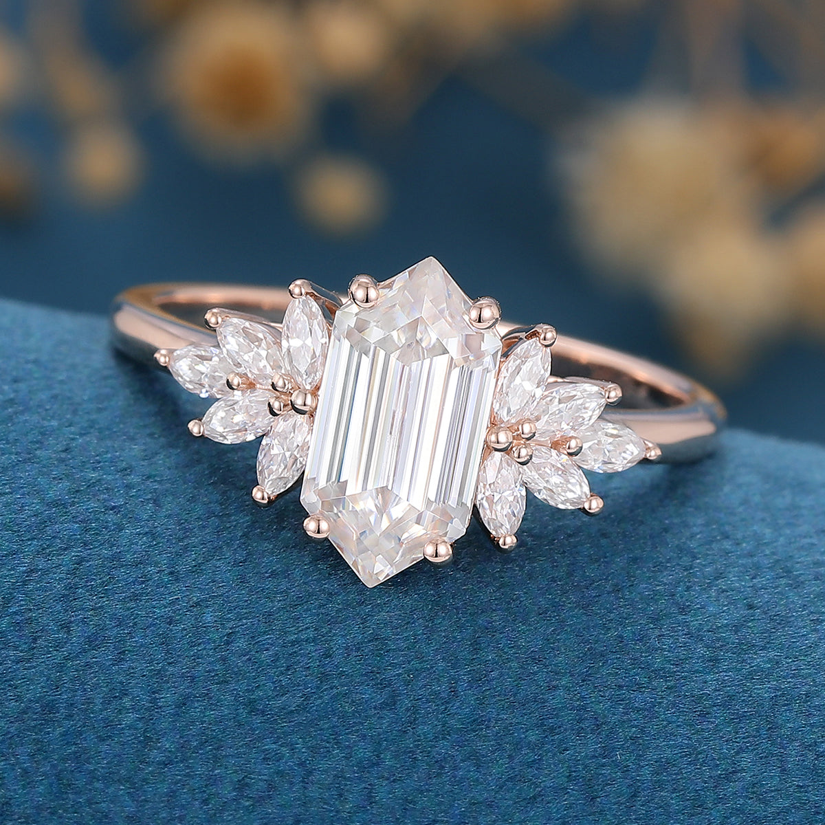 Hexagon cut Moissanite Cluster Engagement ring 