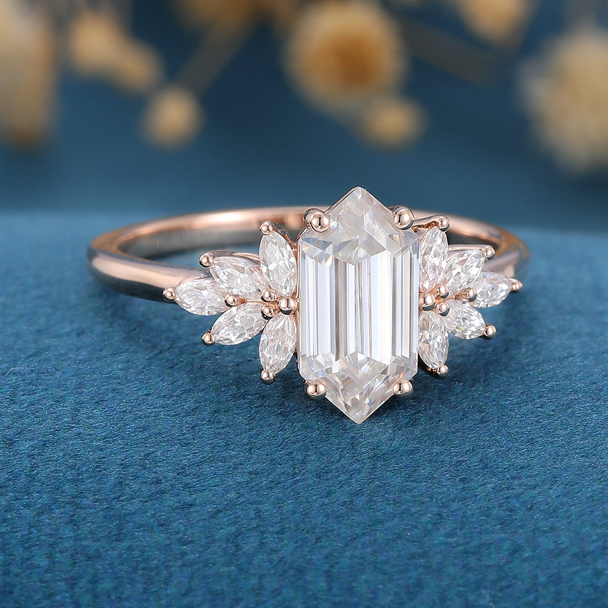 Hexagon cut Moissanite Cluster Engagement ring 