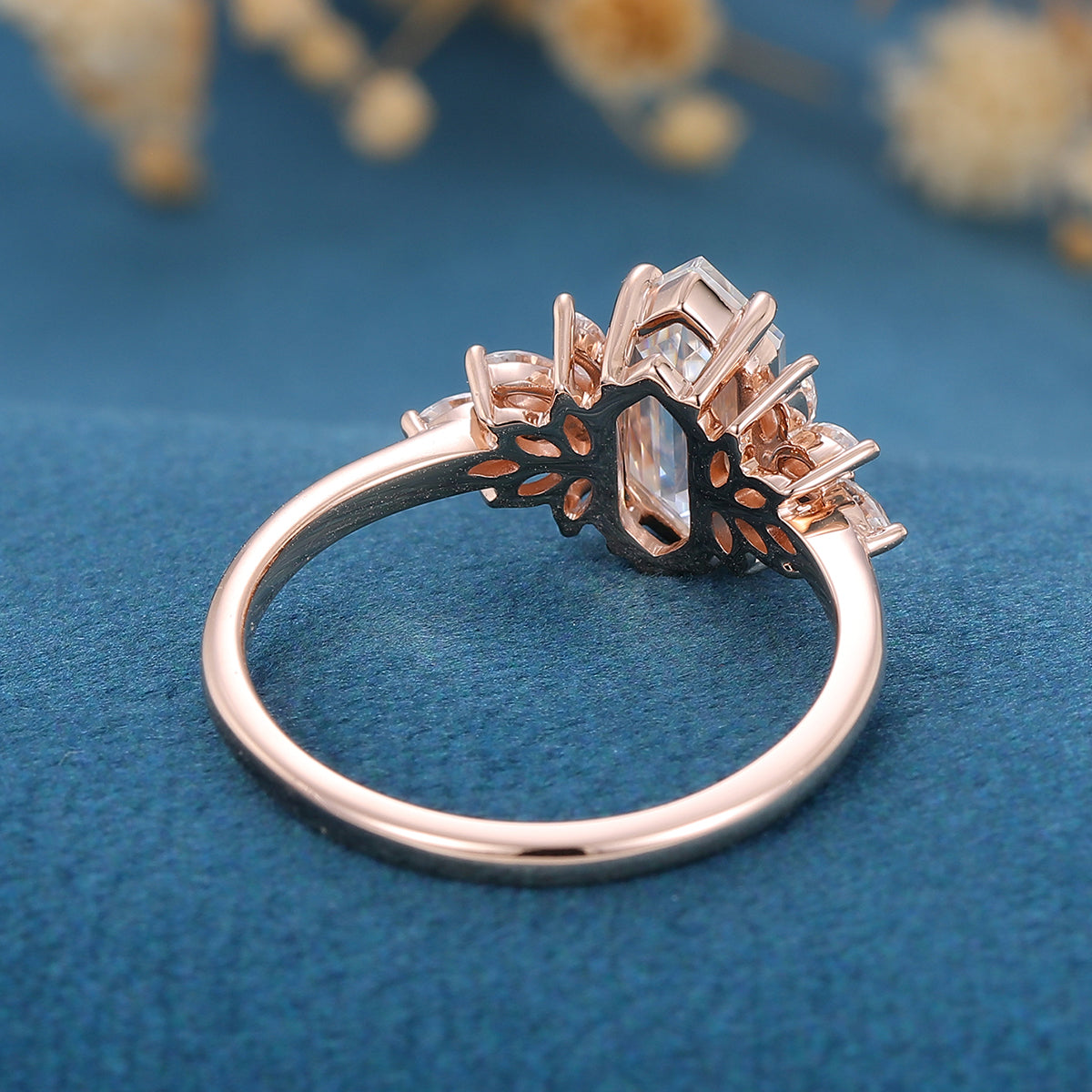 Hexagon cut Moissanite Cluster Engagement ring 