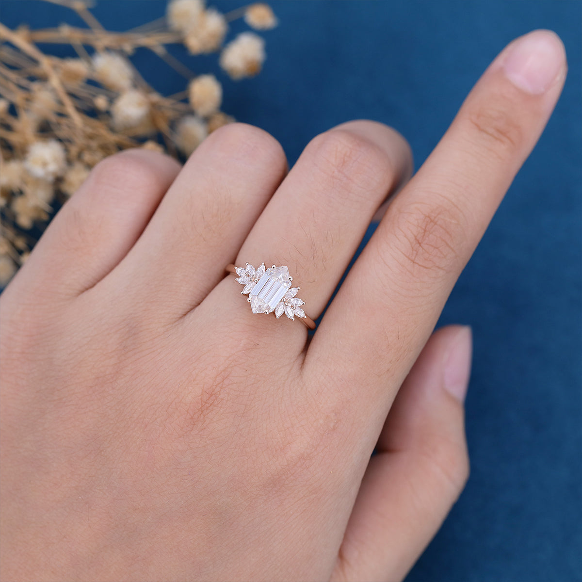 Hexagon cut Moissanite Cluster Engagement ring 