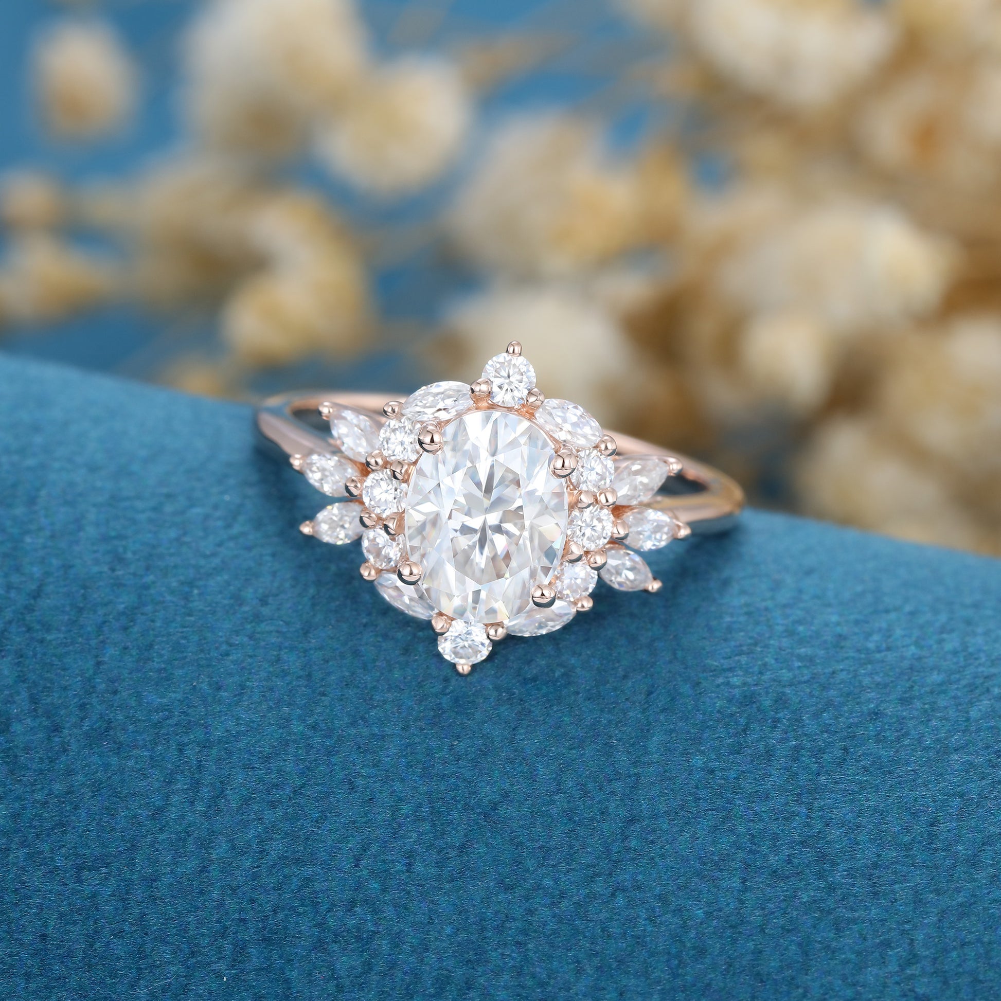 Oval cut Moissanite Cluster Engagement ring 