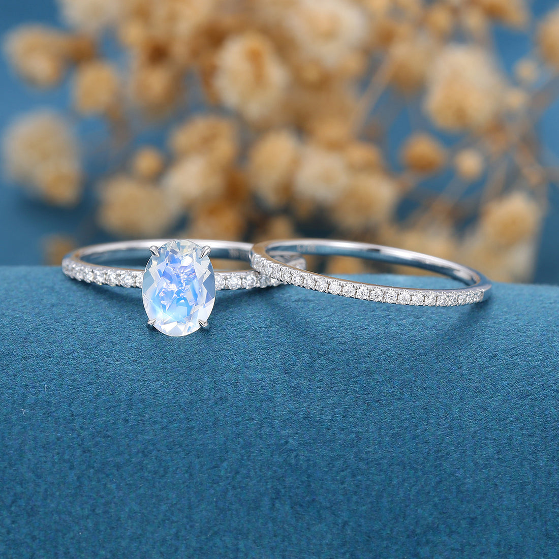 Oval cut Moonstone Half eternity Engagement Bridal Set 