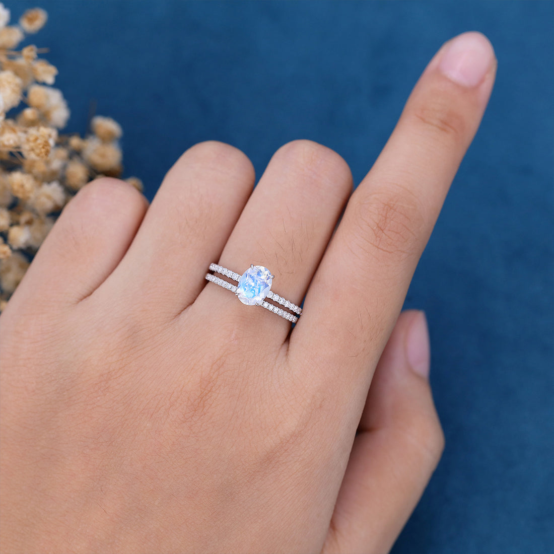 Oval cut Moonstone Half eternity Engagement Bridal Set 