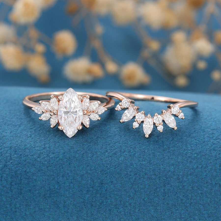 1 Carat Vintage Marquise cut Moissanite Cluster Engagement Ring Set 