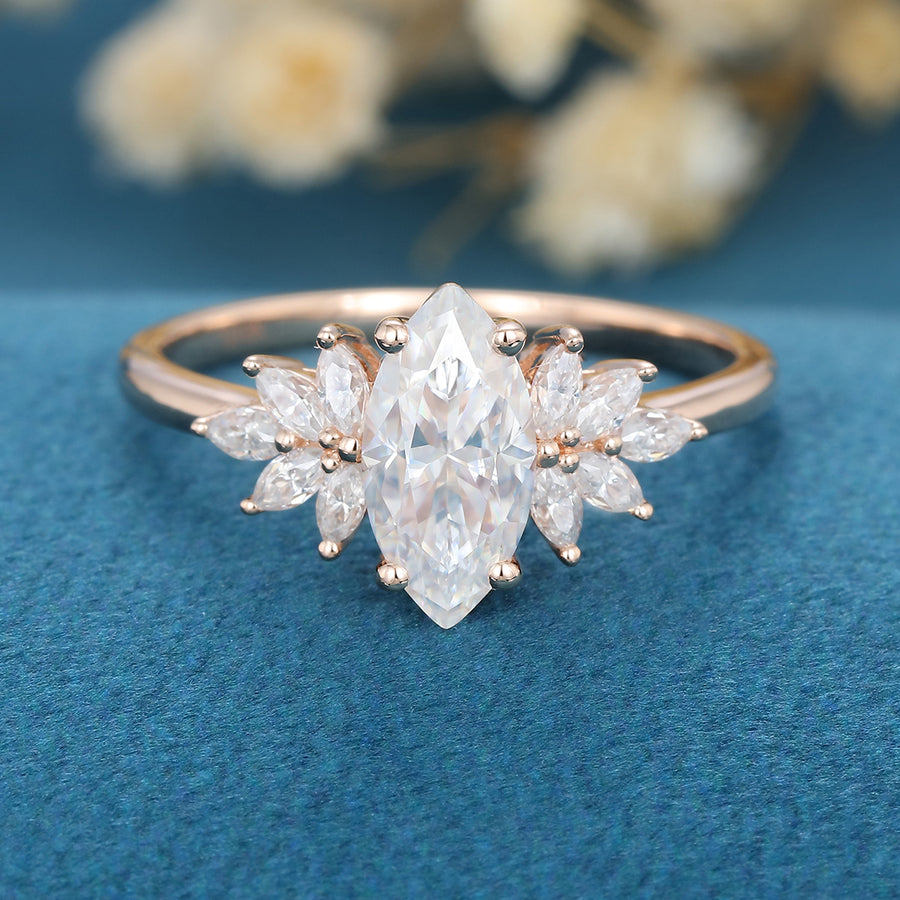 Marquise cut Moissanite Cluster Engagement ring 