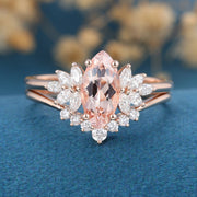 Marquise cut Morganite Cluster Engagement ring Bridal Set 