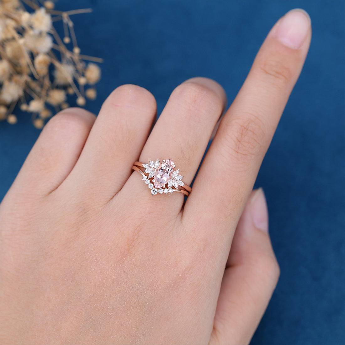 1.0Carat Marquise cut Morganite Cluster Engagement ring Bridal Set
