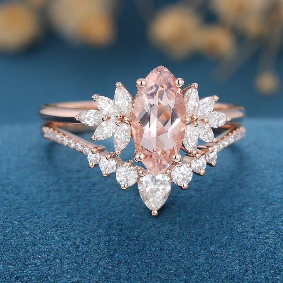 Marquise cut Morganite Cluster Engagement ring Bridal Set for Women 