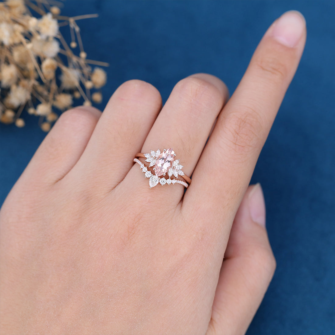 1.0Carat Marquise cut Morganite Cluster Engagement ring Bridal Set for Women
