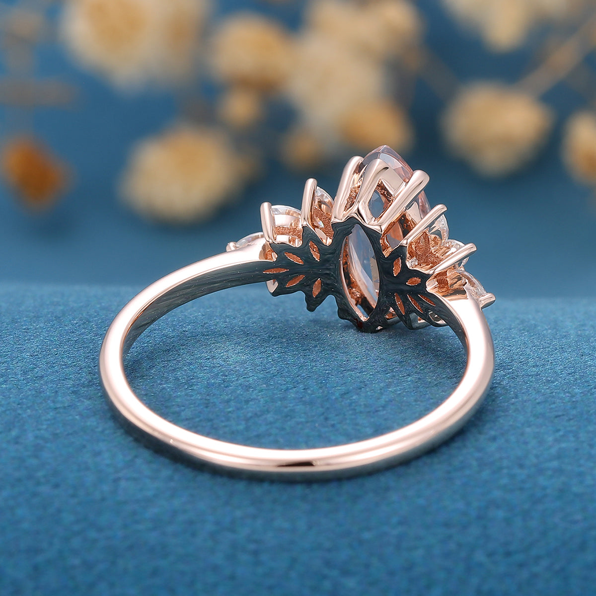Marquise cut Morganite Cluster Engagement ring 